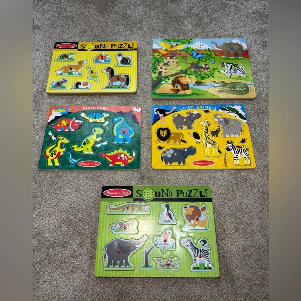 Lot of Melissa and Doug Wood Sound Puzzles Animals Dinosaurs Pets Set of 5 - Picture 1 of 4